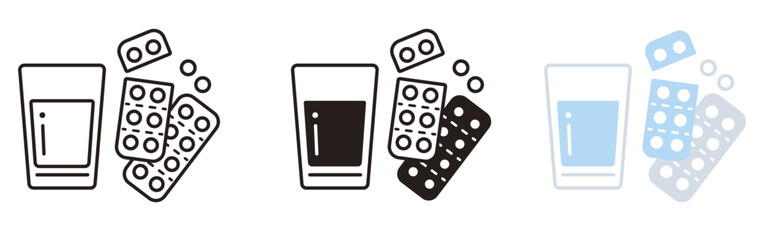薬のアイコンセット。グラスと錠剤。薬局、ヘルスケア、飲み薬。Medicine icon set.