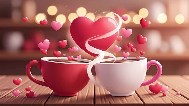 Two coffee cups with hearts floating around them on a wooden table in a cozy cafe