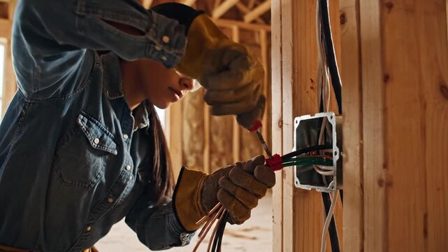 Professional electrician carefully connecting colored electrical wires inside a plastic junction box during residential renovation, cinematic close-up of skilled contractor hands at work.