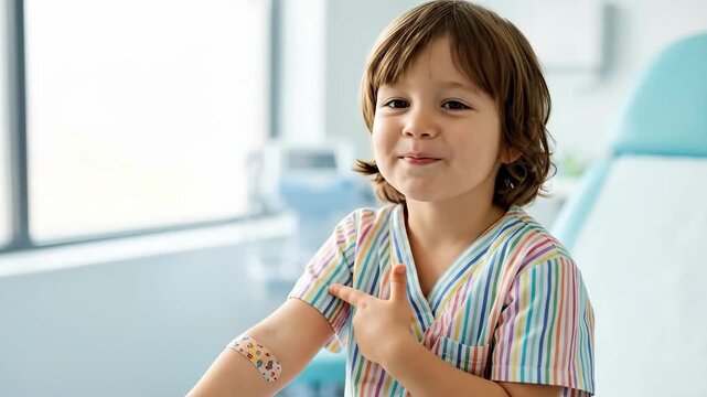 smiling caucasian boy sitting on medical table with adhesive bandage on arm. happy child patient in clinic after vaccination. pediatric healthcare, checkup.