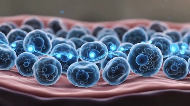 Microscopic view of human cells with glowing nuclei, illustrating cellular biology and the intricacies of life at a microscopic level
