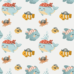 Fototapeta premium Seamless background with cartoon whales, dolphins, and crabs in pirate hats. Nautical marine pattern for children's fabric, wallpaper, nursery decor, and wrapping paper. Vector illustration on white.