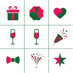 Modern geometric duotone graphic illustration showcasing eight abstract holiday and Christmas celebration symbols in a striking Magenta and Forest Green color palette