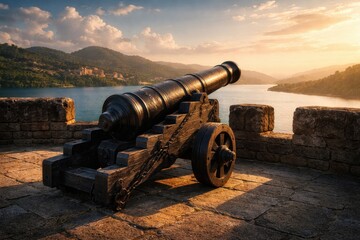 Antique Cannon on Fortification Overlooking Serene Lake at Sunset