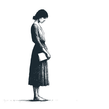 A lone woman standing still, holding a folded letter close to her chest