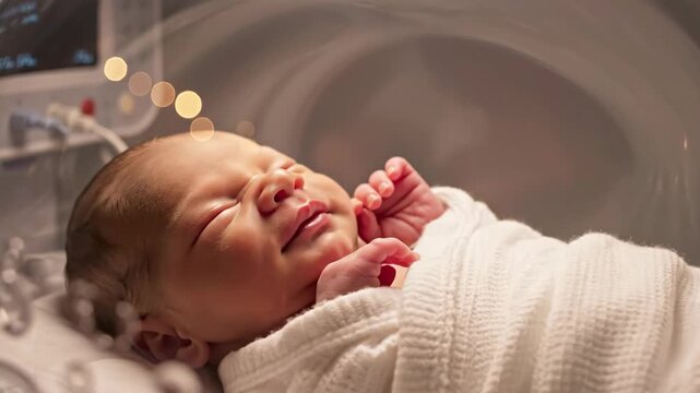 caucasian newborn baby sleeping peacefully inside hospital incubator. premature infant wrapped in white blanket. neonatal intensive care unit concept. medical healthcare, pediatrics.