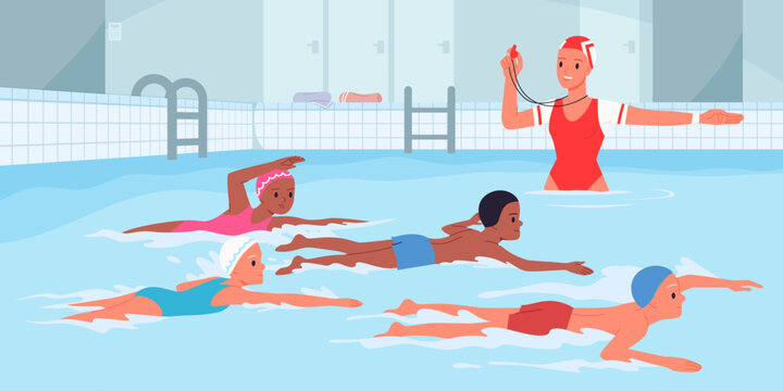 Group of children practicing swimming strokes with a coach in an indoor pool, focusing on water safety and swim lessons, teamwork, and active lifestyle vector illustration