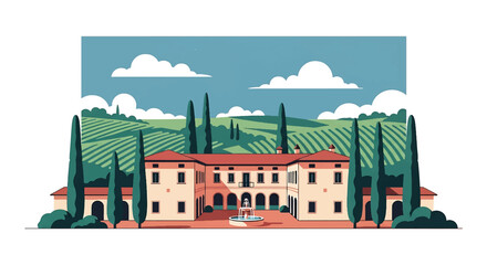 Obraz premium Italian villa with courtyard and vineyard hills, modern flat vector illustration showing Mediterranean residential architecture and lifestyle