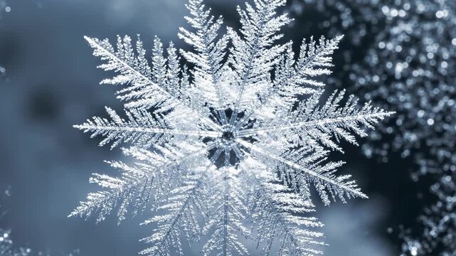 A delicate snowflake's intricate patterns captured in a macro view against a winter landscape background