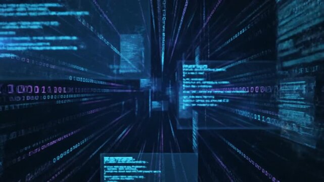 Futuristic digital tunnel with blue code streams accelerating