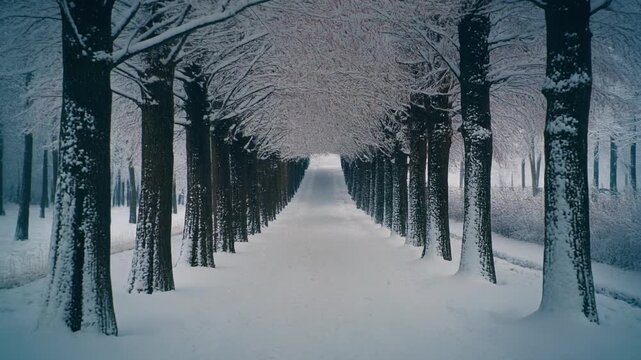 Tree-lined path forming a snowy tunnel, symmetrical composition, calm cinematic atmosphere, slow camera movement, no people, 16:9, 5 seconds