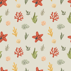 Obraz premium Seamless pattern with seashells, starfish, and coral. Nautical-themed vector background for children's prints, clothing, and fabrics.