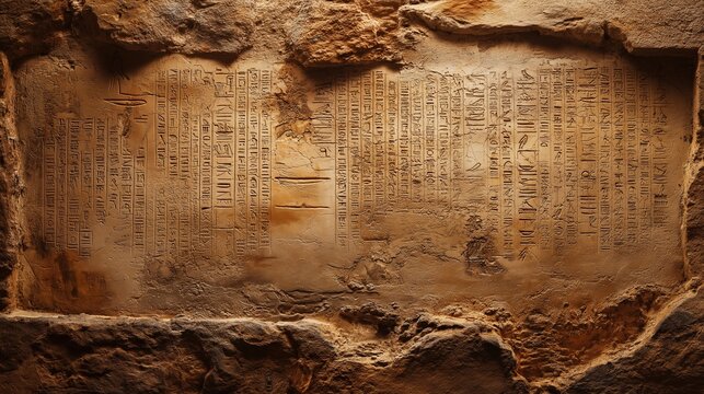 Ancient Hieroglyphs on Weathered Stone Wall