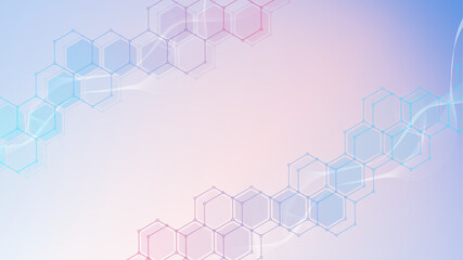 Modern science background with lines, dots and hexagons. Wave flow abstract background. Molecular structure for medical, technology, chemistry, science. Vector illustration