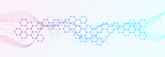 Modern scientific background with hexagons, lines and dots. Wave flow abstract background. Molecular structure for medical, technology, chemistry, science. Vector illustration
