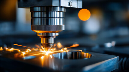 CNC laser cutting of metal with modern industrial technology, precision manufacturing, automated machining, fabrication process, defocused workshop, with copy space