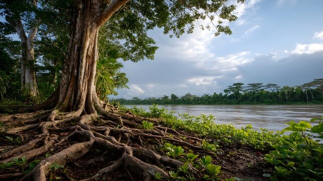 An old massive tree with intricate exposed root systems anchors the foreground on a riverbank with a wide flowing waterway and dense tropical forest stretching to the horizon under a dramatic