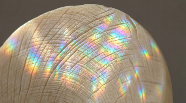 Close up of polished shell surface displaying iridescent colors and intricate textures