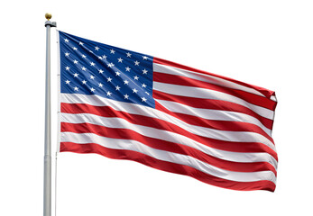 Fototapeta premium American flag waving on white pole with stars and stripes display, isolated on a transparent background
