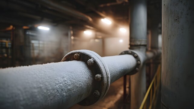 A heavily frosted industrial pipe runs horizontally through a dimly lit steamy boiler room