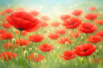 Fototapeta premium dreamy red poppy flowers blooming across a sunlit green meadow creating a soft romantic spring nature background