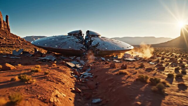 Alien crash in a Desert: A crashed futuristic spacecraft, ripped apart amid a red-hued desert landscape, its debris scattered, telling a tale of an interstellar incident.