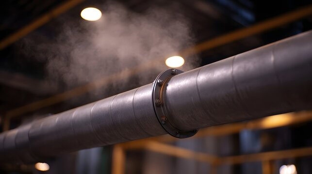 A close up view of a large industrial pipe with steam or mist escaping from a joint in a dimly lit factory setting