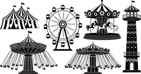 Fototapeta premium Amusement park silhouette vector set with carousel, ferris wheel, swing ride, circus tent and observation tower isolated on white background for carnival and fair design