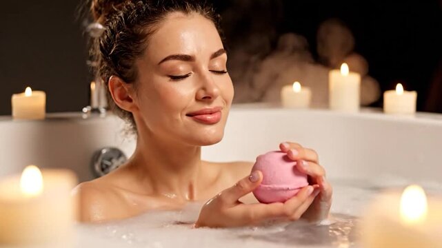 A woman in a bathtub holding a pink bath bomb, surrounded by candles. She has her eyes closed