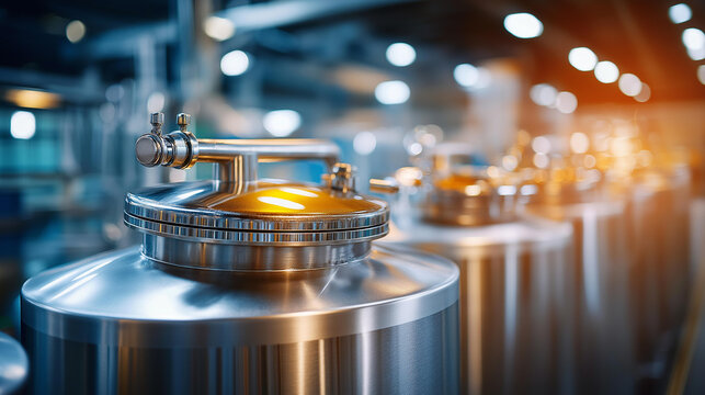 Stainless steel brewing equipment with tanks and pipes, modern beer factory production, brewery industrial background, beverage manufacturing, toned defocused facility, with copy space