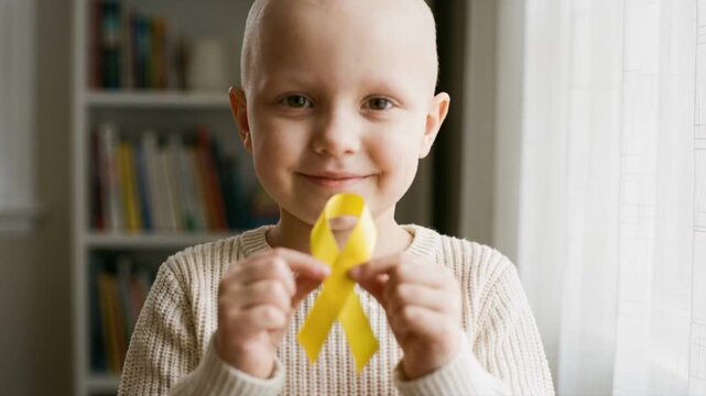 Portrait of a bald child holding a yellow ribbon for childhood cancer awareness. Brave kid smiling at camera with a symbol of hope and support. International Childhood Cancer Day concept