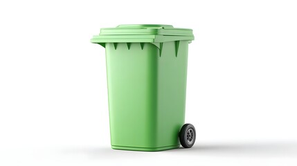 A clean modern green plastic wheeled bin for household waste and recycling depicted against a neutral background highlighting its utility and eco friendly purpose