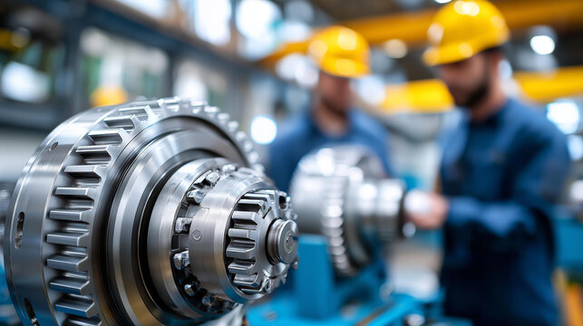 Engineers overhauling bearing equipment in industrial plant, faceless technicians, maintenance operations, machinery repair, facility servicing, defocused workshop, with copy space