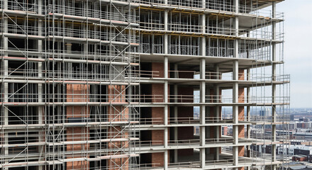 Facade of a building under construction with scaffolding, exposed brick, and concrete floors