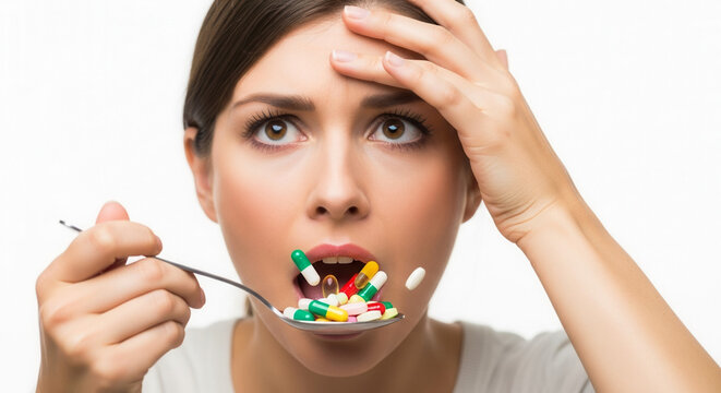 Woman eating colorful pills with spoon showing headache, self medication and drug misuse awareness