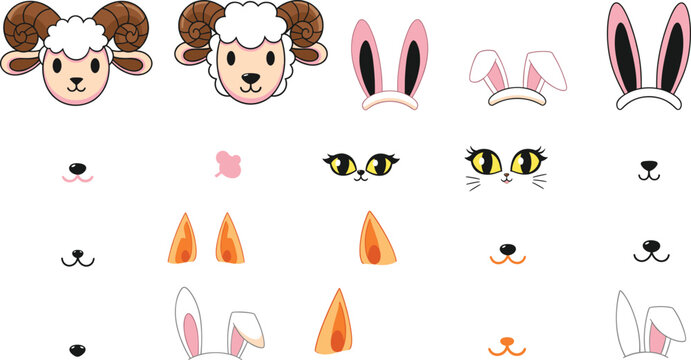 Cute cartoon animal facial features vector set with sheep and rabbit ears eyes noses and mouths for character design