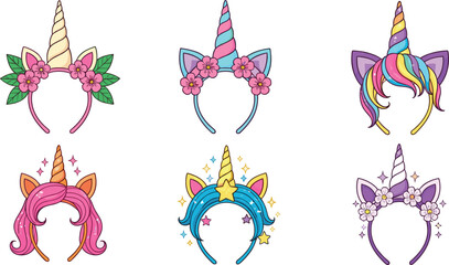 Cute unicorn headband vector collection with colorful horns ears flowers and stars for party decoration kids fashion and fantasy design © MdMostafijur