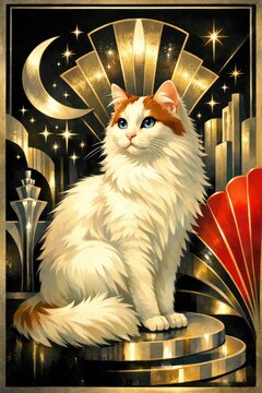 Elegant cat amidst art deco stars.