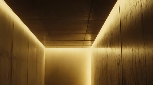 Modern architectural hallway featuring subtle warm lighting illuminating textured walls and a reflective floor, creating a sense of depth and future direction