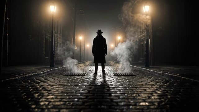Mysterious silhouette of a detective standing on a foggy cobblestone street at night. Noir style figure in a trench coat and fedora. Cinematic crime and investigation concept