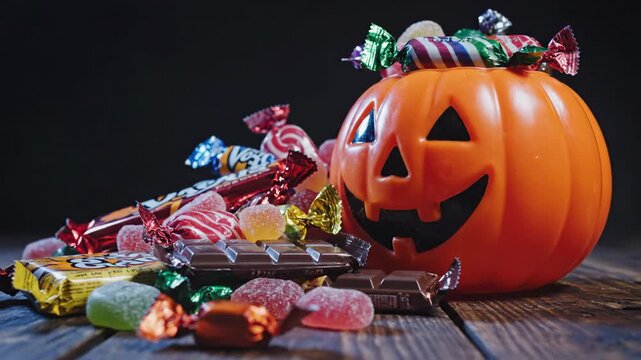 Halloween Candy Extravaganza: An array of colorful candies and chocolates spills from a cheerful jack-o'-lantern, offering a sweet taste of the festive Halloween season.