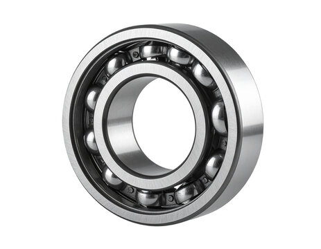 Close-up of a metal ball bearing with shiny rolling spheres