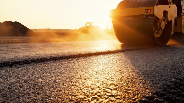 Road Roller at Sunset: A steamroller meticulously compacts a freshly laid road surface under a brilliant sunset, showcasing the construction process.