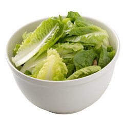 White bowl filled with fresh green lettuce isolated on transparent background