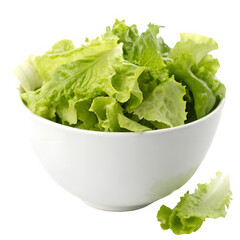 White bowl filled with fresh green lettuce isolated on transparent background