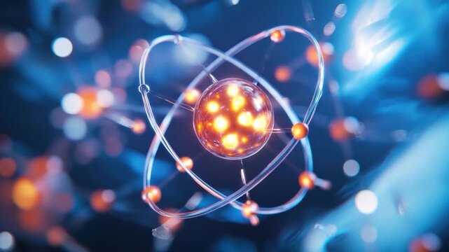 A glowing atom core with orbiting electrons, rendered with blurred blue and orange hues