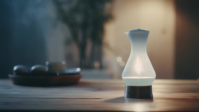 Modern electric device diffusing calming mist and fragrance, enhancing home ambiance and promoting relaxation in a cozy, softly lit interior with blurred background elements