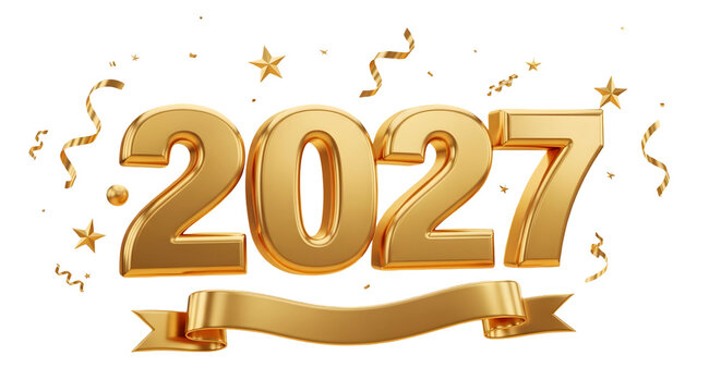 Happy New Year 2027 Golden 3D Numbers with Ribbon , Golden Stars and Confetti , Transparent Background 