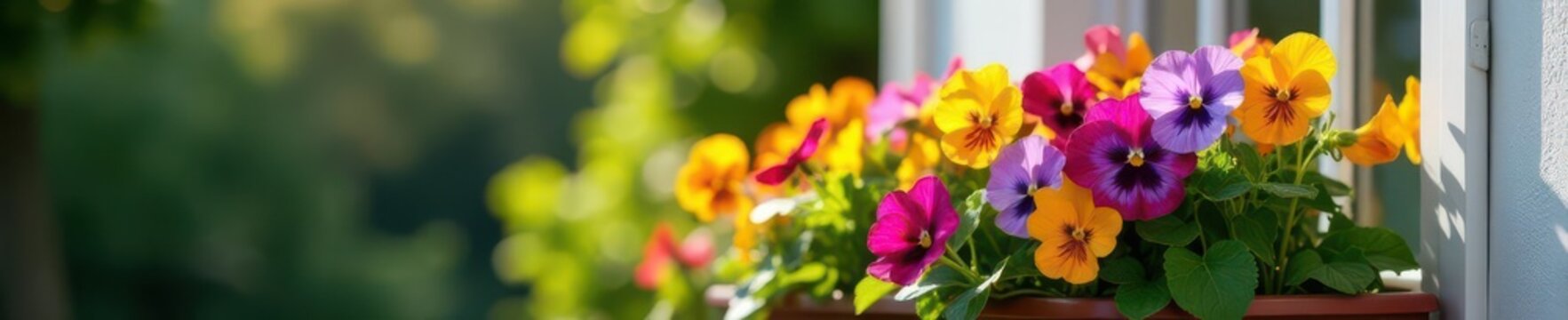 Multicolored violas overflowing from balcony planter, bright sunlight , colorful, outdoor, viola