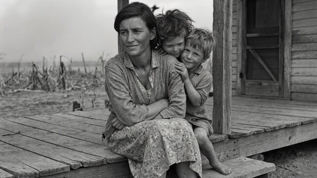 Mother and children sitting on a porch during the Great Depression. Black and white footage of a rural family facing poverty and hardship. Historical portrait of resilience and struggle